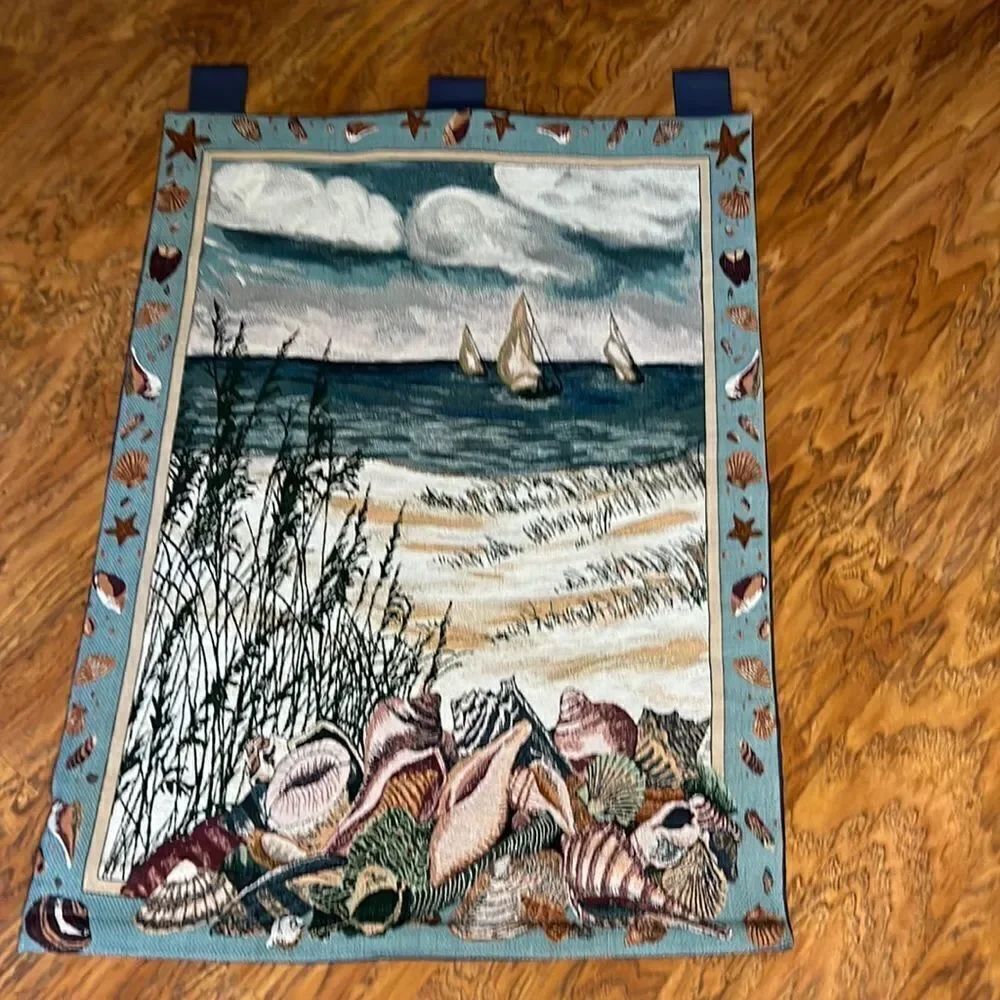 Seashore Tapestry 26 In X 38 In Wall Hanging Coastal Ocean Sea Shells Sand Boats